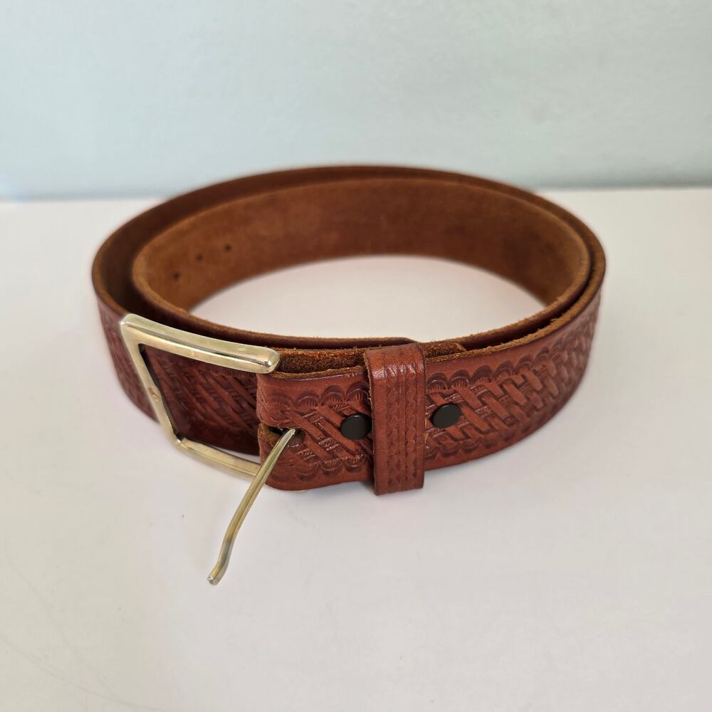 Yoder? Tooled Basketweave Belt Mens 38 Brown Top Grain Steerhide Leather Western